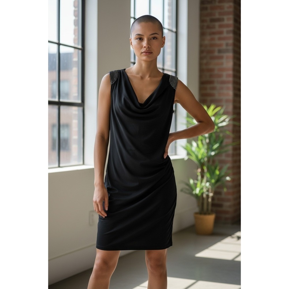 Cache Black Cowl Neck Sleeveless Dress Embellished Shoulder Accents Size M